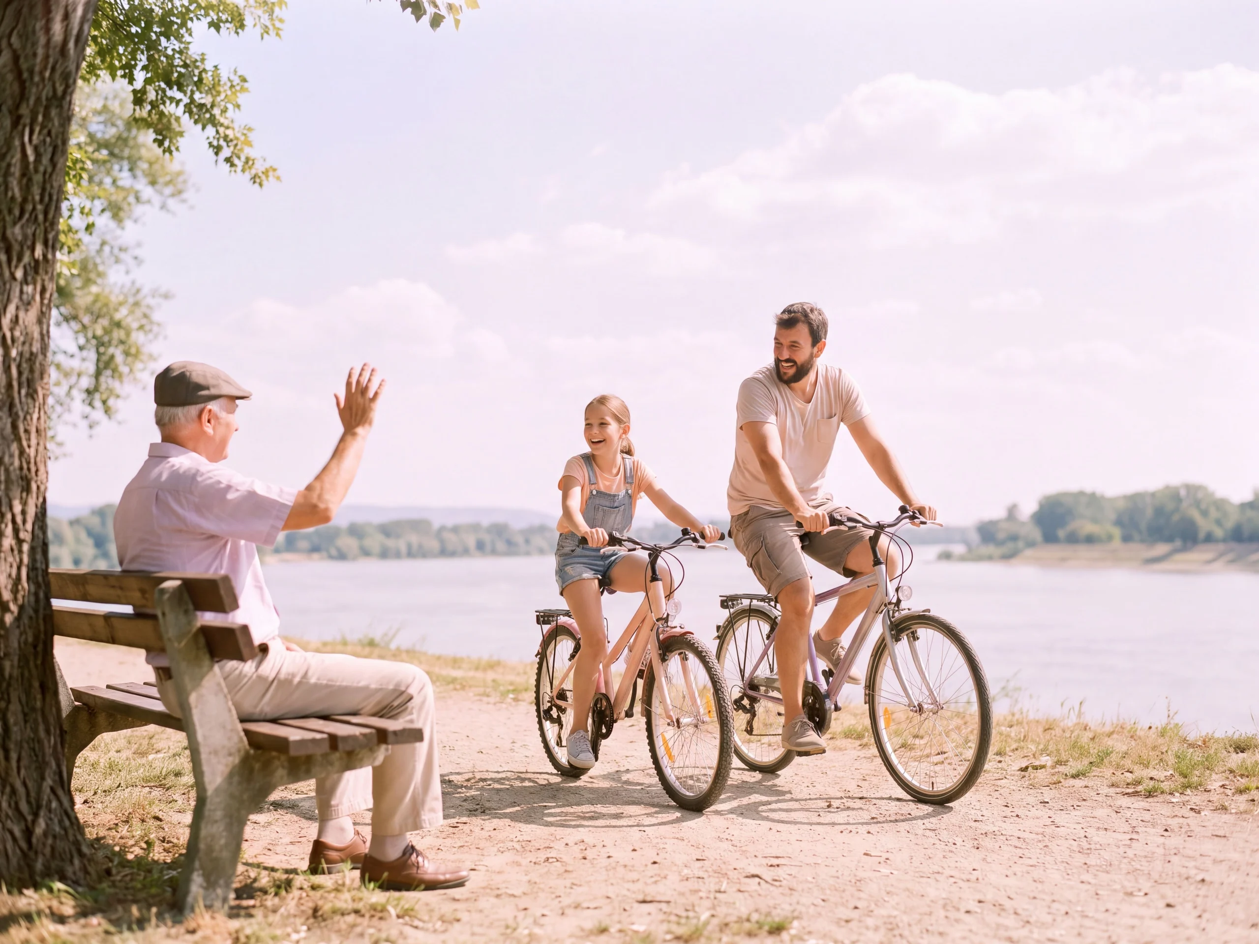 A father and daughter cycling along a river while a grandfather waves to them from a bench