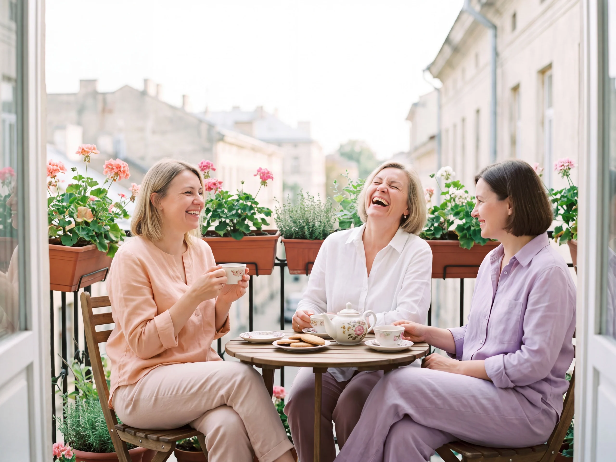 Three friends laughing over tea on a sunny balcony