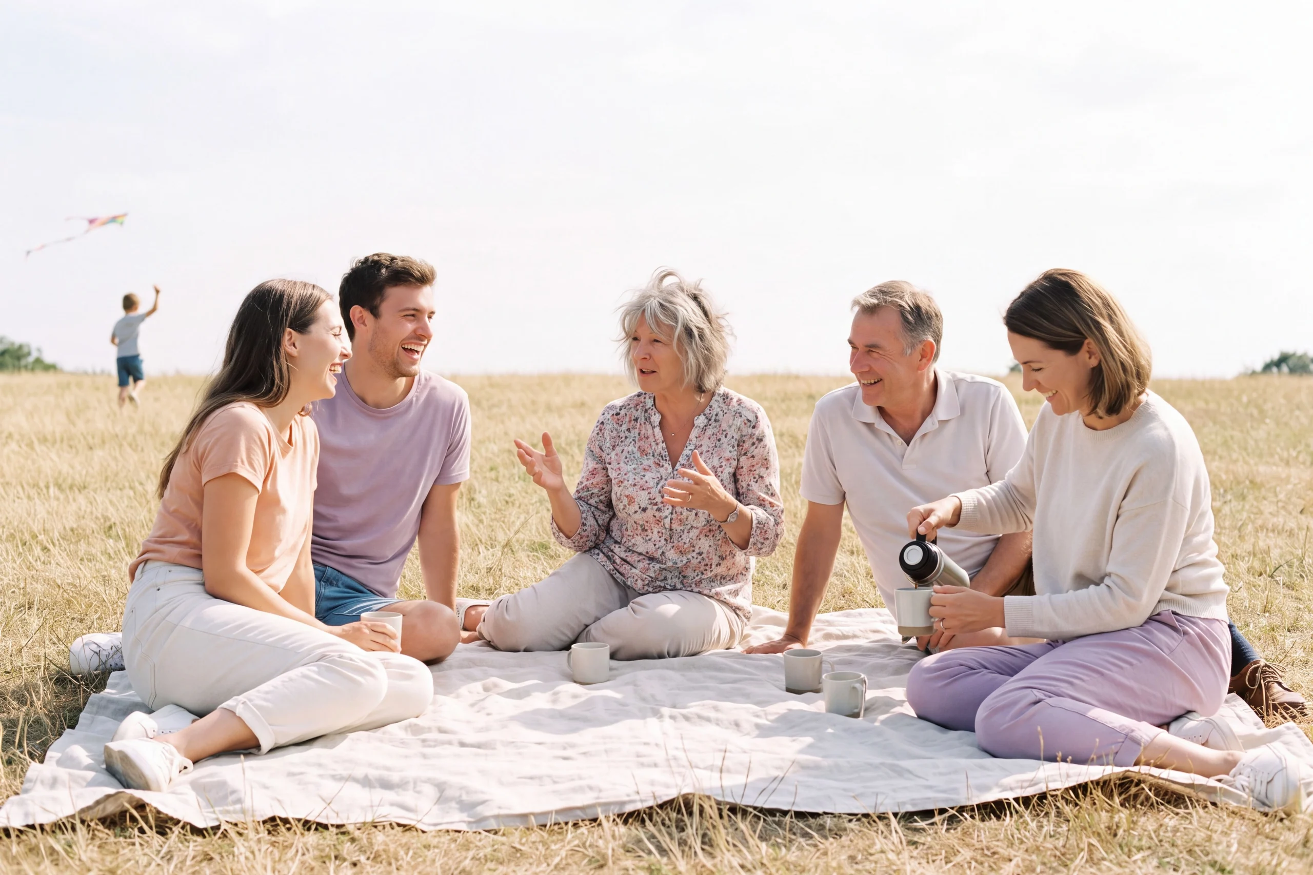 Neighbours of different ages laughing at a picnic in a sunny park