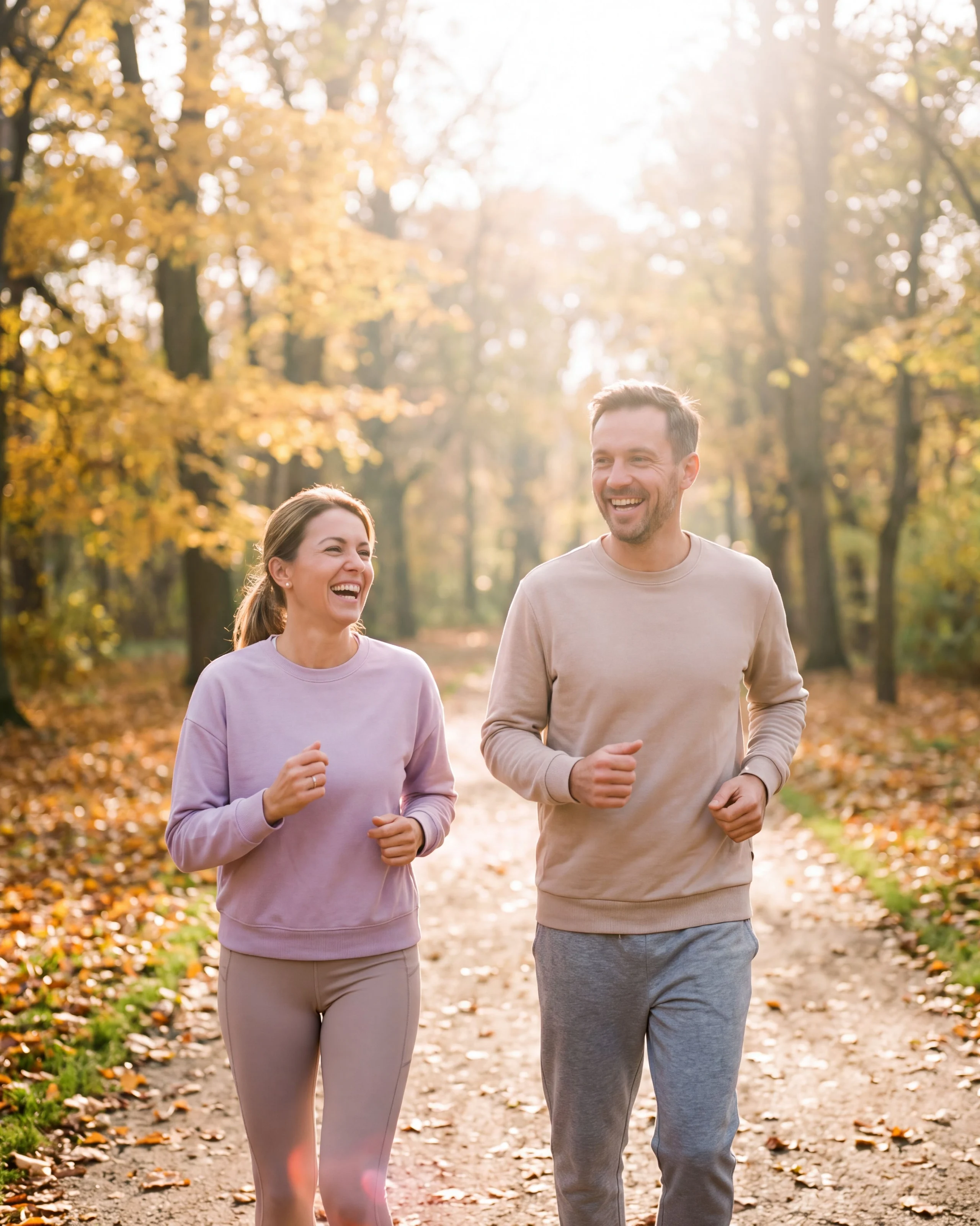 A couple in their mid-thirties laughing on a morning jog through an autumn park