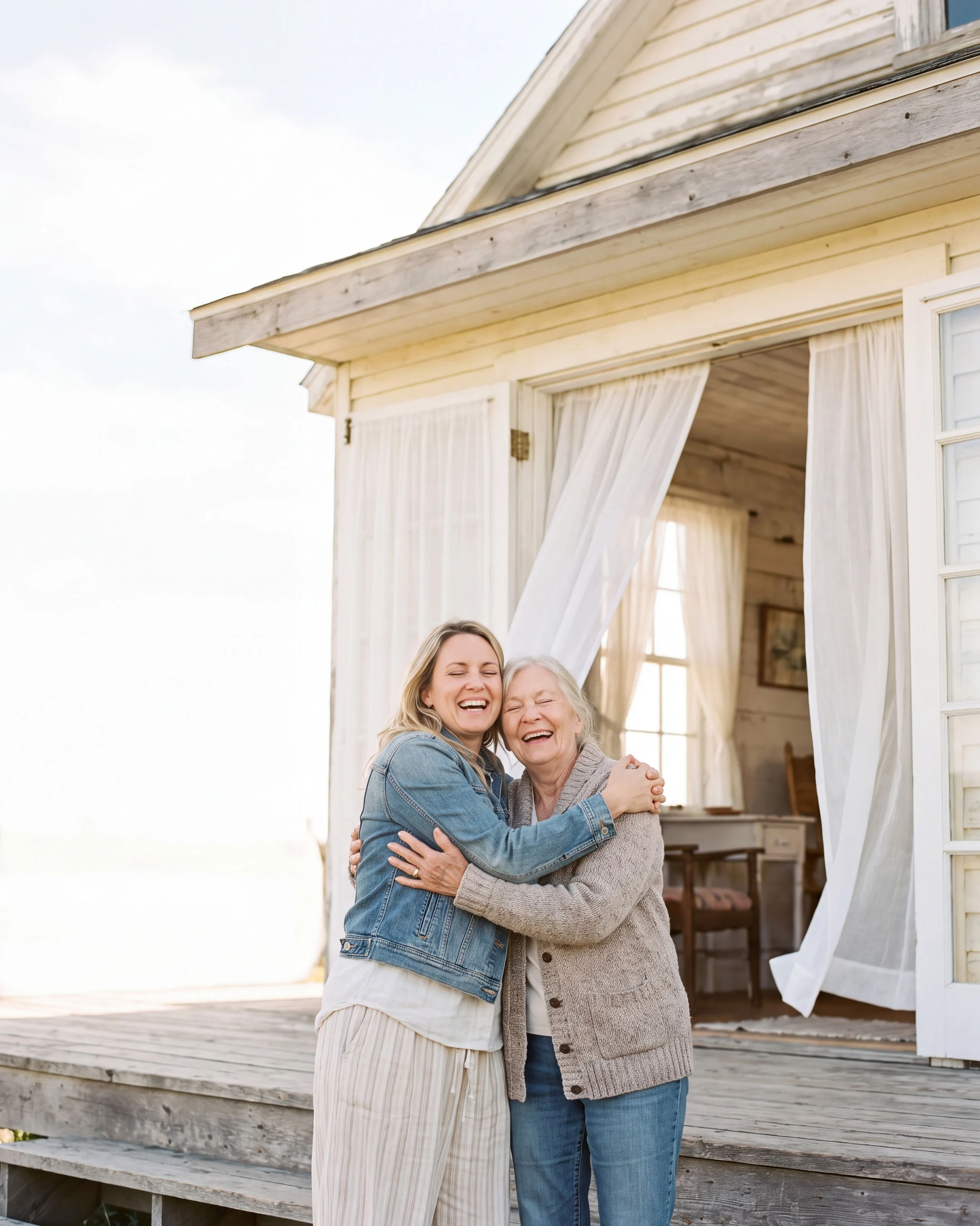 A grown-up daughter hugs her mother outside a light wooden house, both laughing