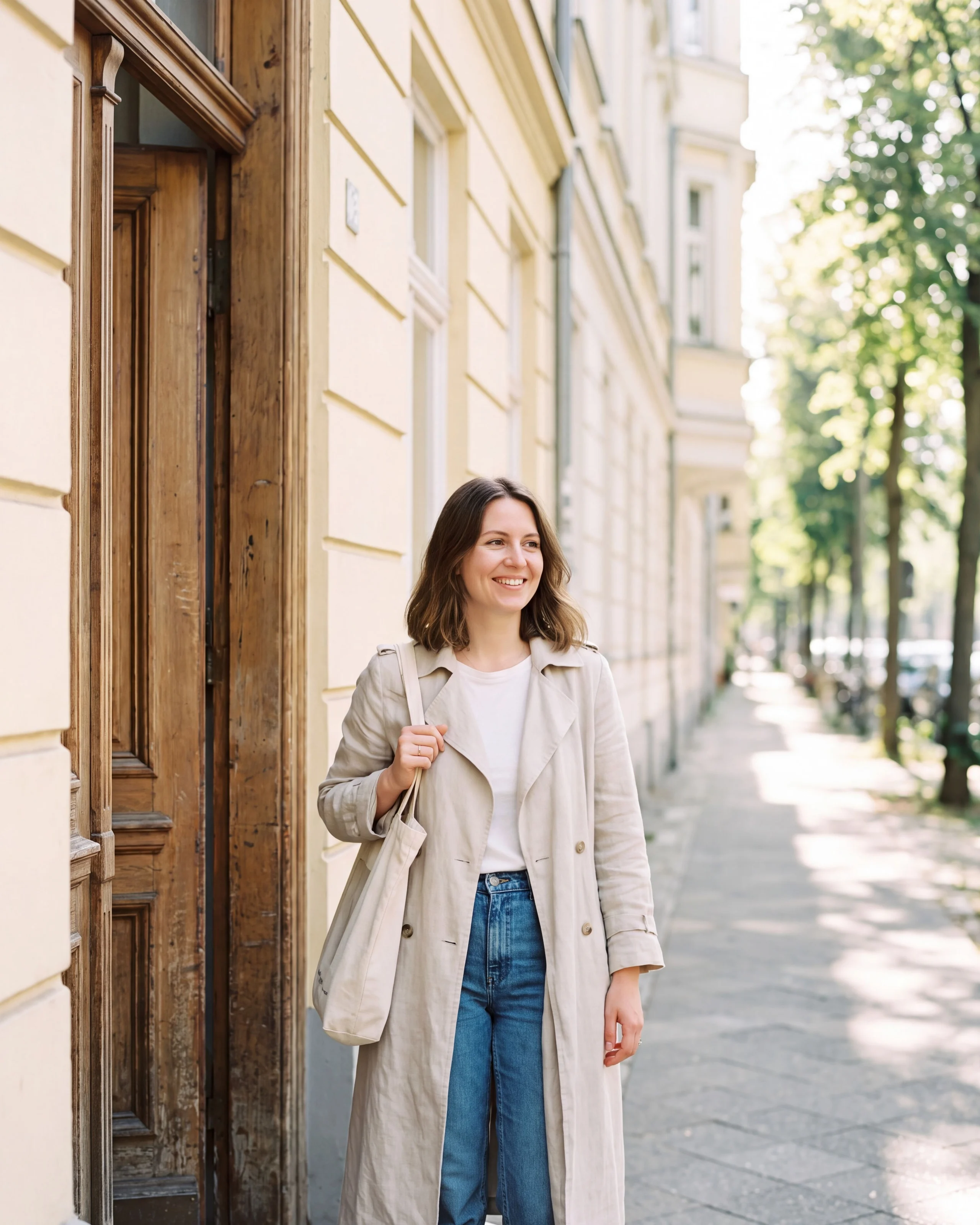 A young woman in a light coat steps out of her building into a sunny morning, smiling