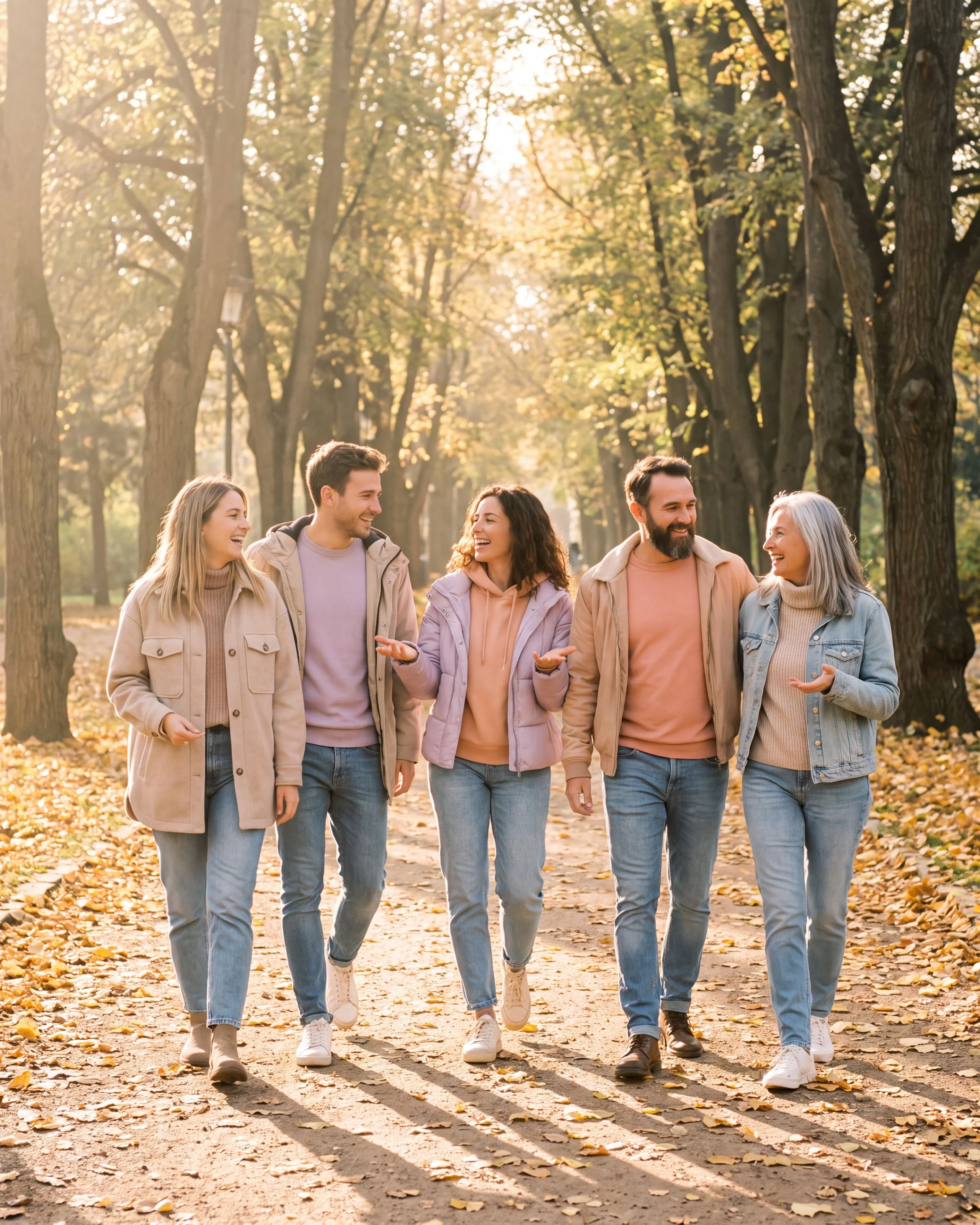 Neighbours of different ages laughing together on a walk through an autumn park