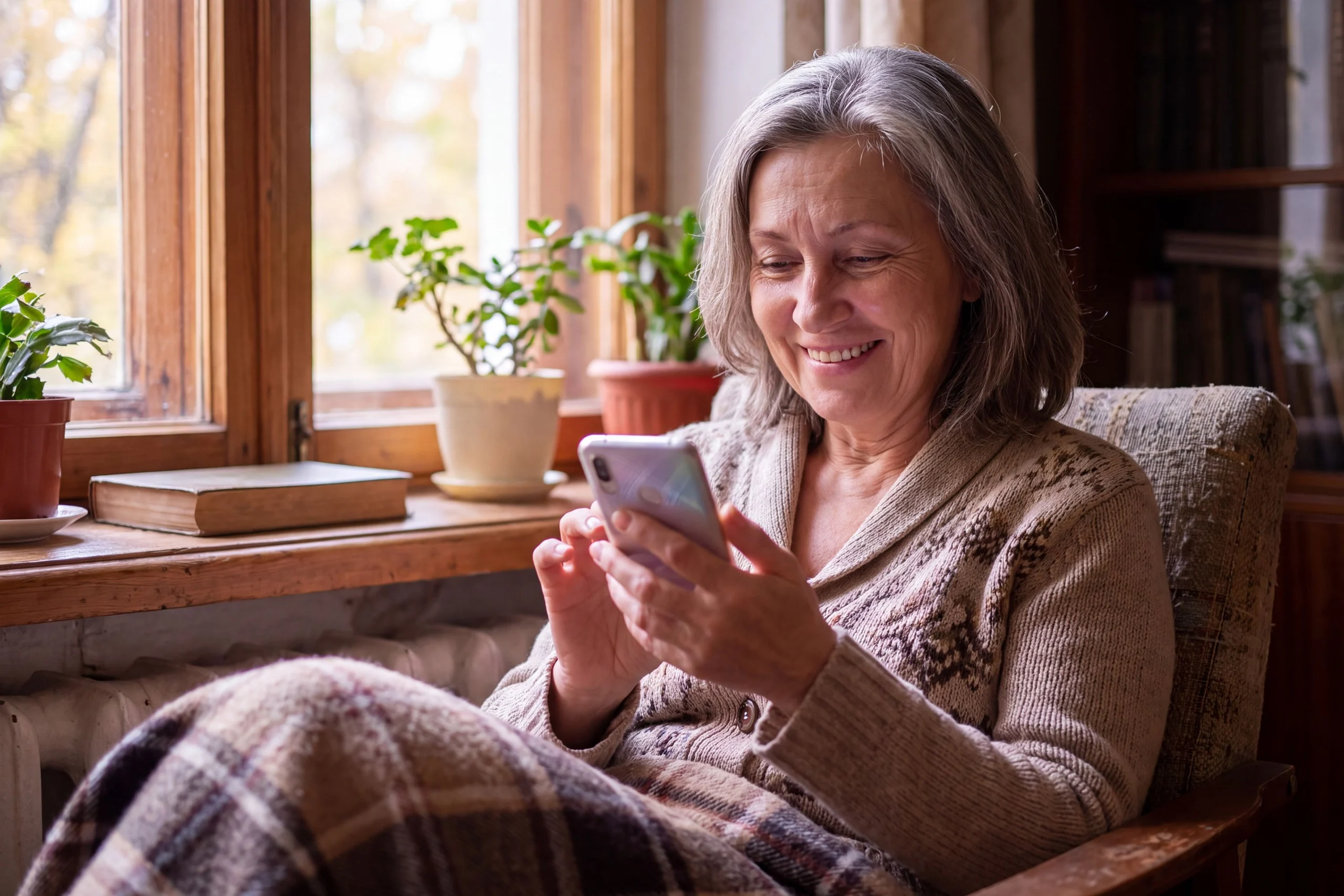 A woman by the window smiling at her phone