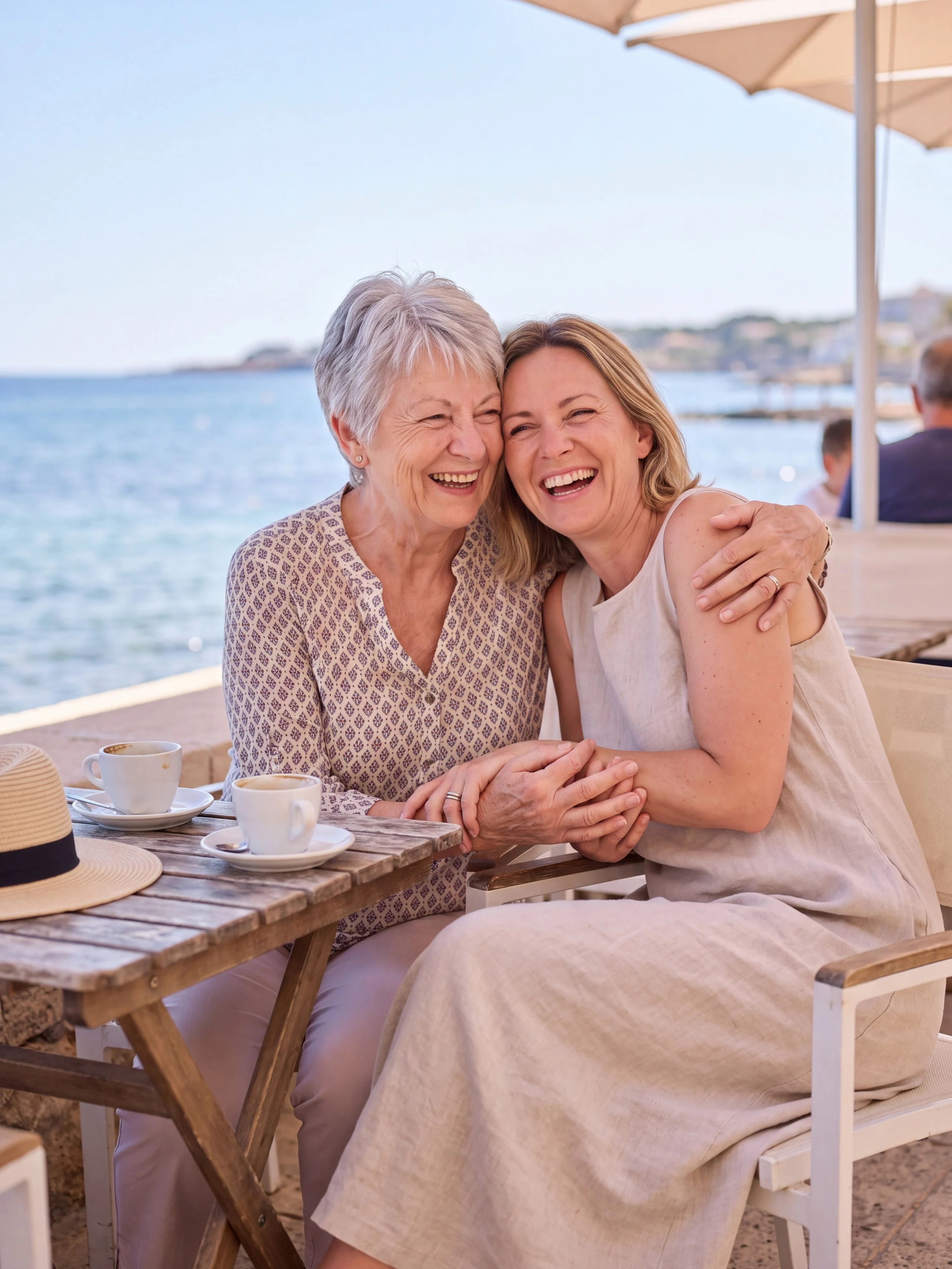 A mother and her adult daughter laugh in an embrace at a table on a sunny seaside terrace